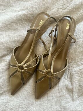 Zara Olive Tone Pointed Knot-Front Slingback Heels